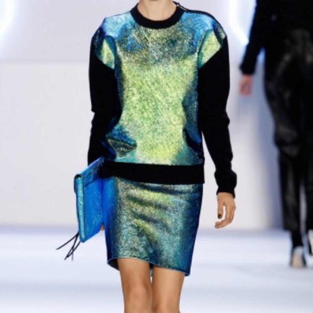 MILLY cashmere leather sweater holographic black green